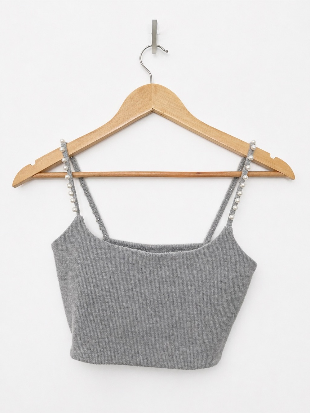 Zara Pearl-strap Knit Crop Tank - Gray